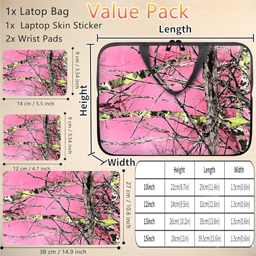 10 inch Laptop Sleeve with Laptop Skin Sticker Set – Slim Protective Case with Smooth Zipper, Lightweight Tablet & Notebook Sleeve for Travel & Daily Carry, Pink Camo Tree - color: Pink Camo Tree, size: 10 inch