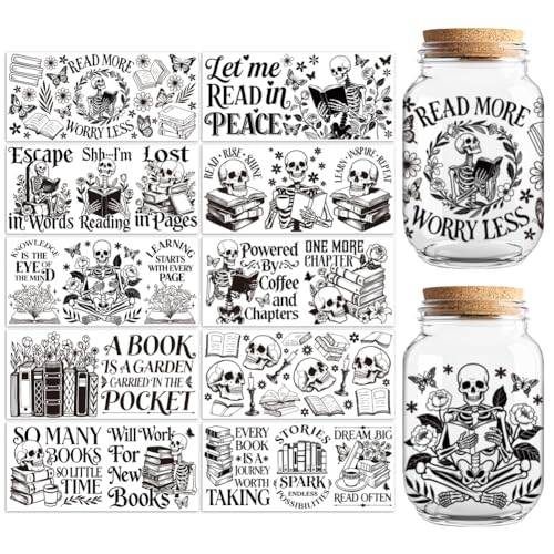Book and Skull UV DTF Cup Wraps, 10 Sheets Transfer Sticker | Waterproof UV DTF Stickers, Custom Vinyl Decals for 16oz Coffee Cups Tumblers Bottles Mugs, DIY Gifts & Crafts - style: Book and Skull