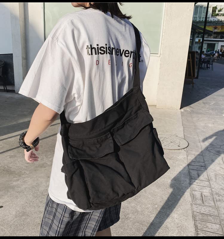 Canvas Messenger Bag Large Crossbody Bag with Multiple Pockets Canvas Shoulder Tote Bag for Women and Men - color: Black