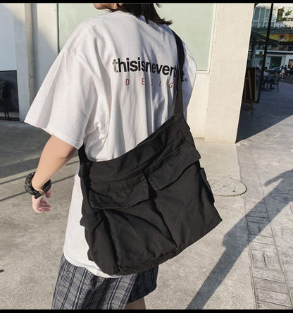 Canvas Messenger Bag Large Crossbody Bag with Multiple Pockets Canvas Shoulder Tote Bag for Women and Men - color: Black