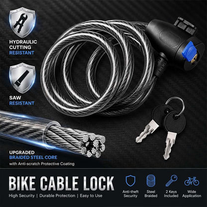 Bike Lock,Bike Cable Lock with Keys,Durable Steel,Coiled Steel Security Cable for Bicycle with Keys for Outdoor Equipment,Bicycles,Scooters,Fence