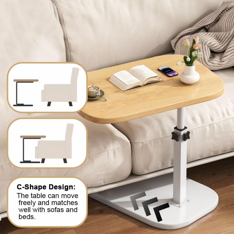 Multiful Sofa Side Floor Stand,Mini Projector Stand Table, Wooden Swivel Tv Tray Table,Portable Laptop Holder,Height Adjustable Snack Tray Stand for Living Room Couch Bed Side (White)