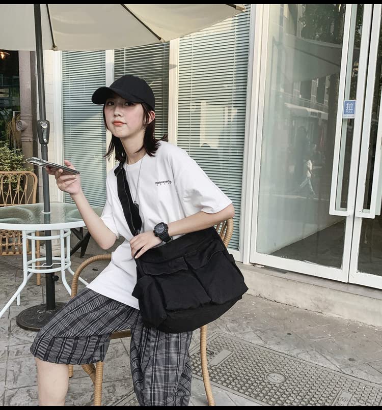 Canvas Messenger Bag Large Crossbody Bag with Multiple Pockets Canvas Shoulder Tote Bag for Women and Men - color: Black