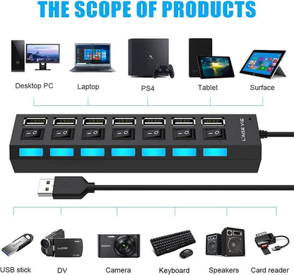 1-Pcs 7-Port USB Hub 3.0,USB Hub Splitter with Individual On/Off Switches and Lights Compatible with Laptop,PC,Flash Drive,Mobile HDD