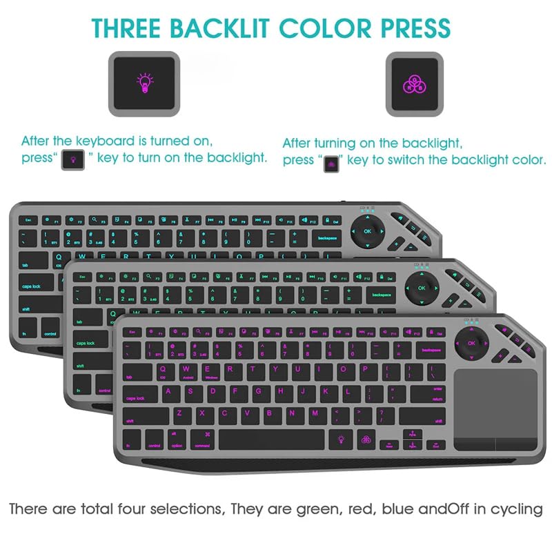 JOMAA 2.4G Wireless Bluetooth Dual Mode Connection TV Keyboard with Touchpad Media Control Multimedia Rechargeable 7Color Backlit Keyboard for Computer, Smart TV, Desktop, Laptop, iPad, Tablet