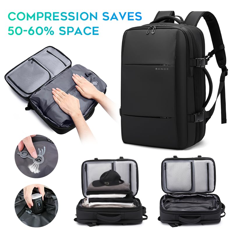 BANGE Backpack with Anti-Theft Vacuum Compression Travel Backpack,Expandable Backpacks with Pump for Airplanes - color: Black