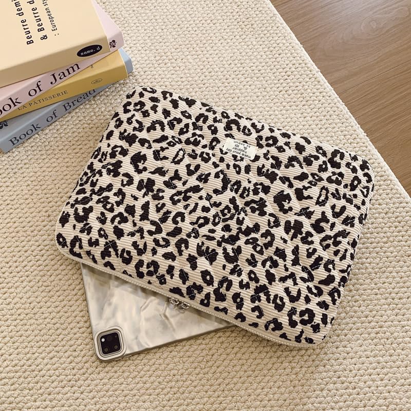 Leopard Print Laptop Sleeve 13-15 Inch Cute Quilted Laptop Protective Case Padded Bow Computer Sleeve for MacBook (Leopard Beige, 13inch) - color: Leopard Beige, size: 13inch