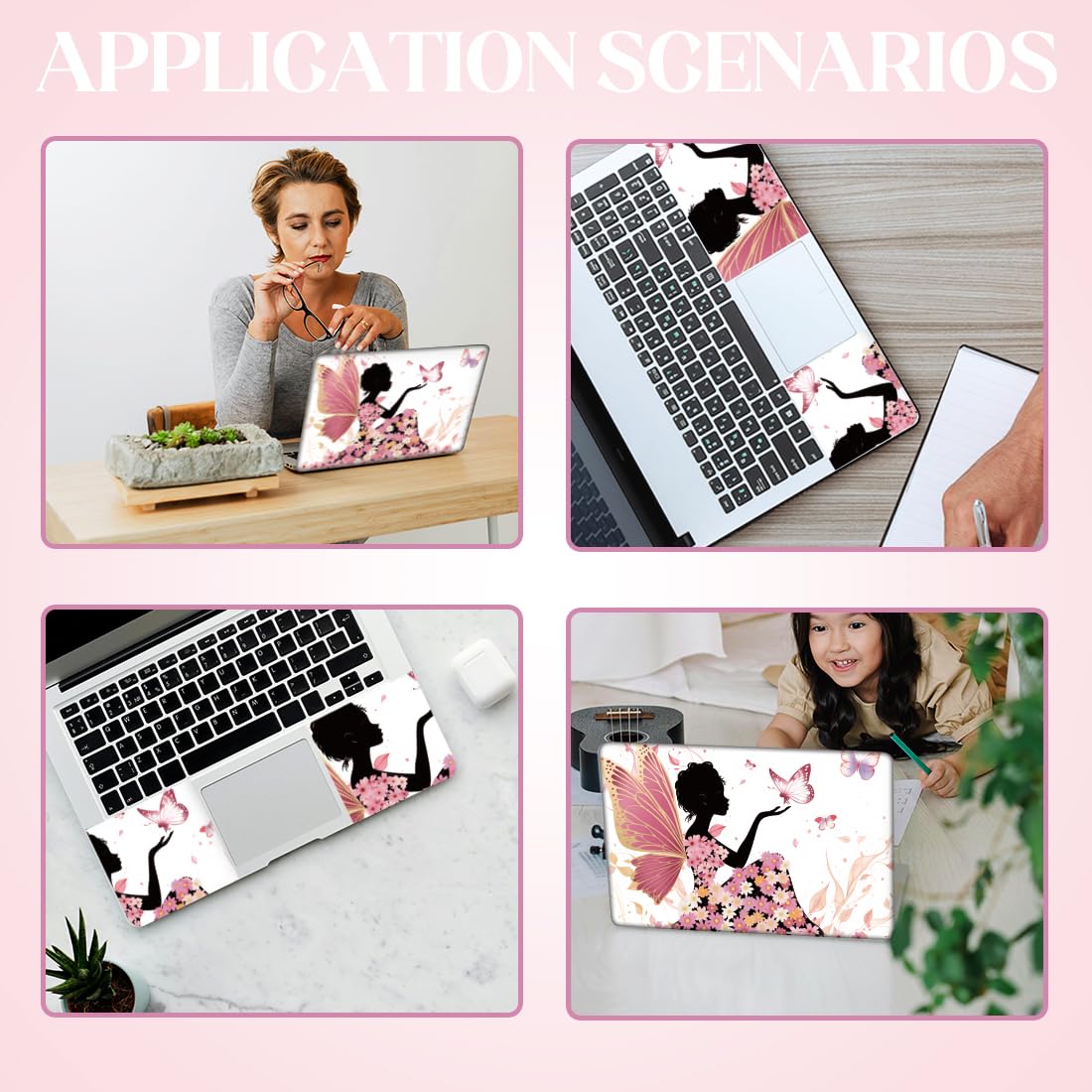 SUPERDANT Laptop Skin Sticker Butterfly Girl Laptop Decals Personalized Universal Notebook Computer Wrap Vinyl Skin Stickers Cover Art Decal Removable 12-15.6 Inch Waterproof Gifts Pink White - style: Butterfly Girl