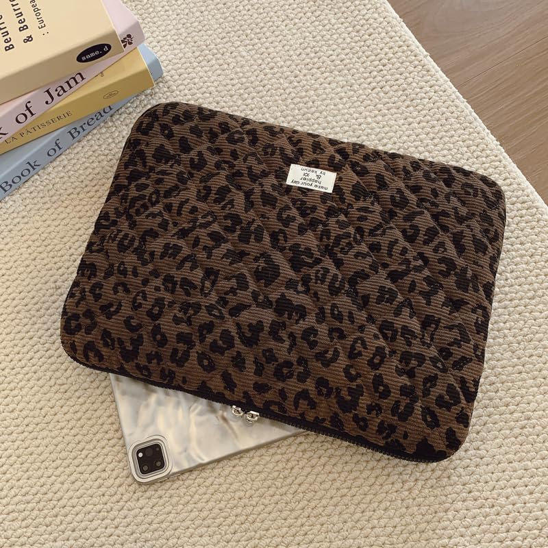 Cute Bow Puffy Laptop Sleeve 13-15 Inch Cute Quilted Laptop Protective Case Padded Bow Computer Sleeve for MacBook (Leopard Coffee, 15inch) - color: Leopard Coffee, size: 15inch